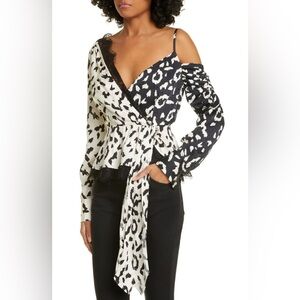 Self-Portrait Black/White Leopard Print Crepe Wrap Top Size 8